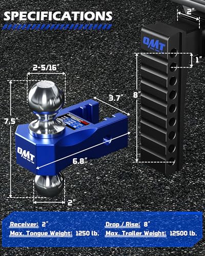 OMT Adjustable Trailer Hitch, 2 Inch Receiver, 12500 LBS Drop Hitch - color: Black-Blue, size: 2" Shank & 8" Drop