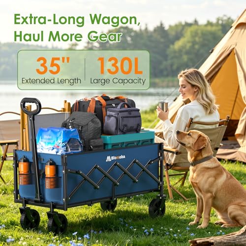 Blomoba 35" Extra Long Folding Wagon with Adjustable Handle & Wheels, Blue - color: Blue