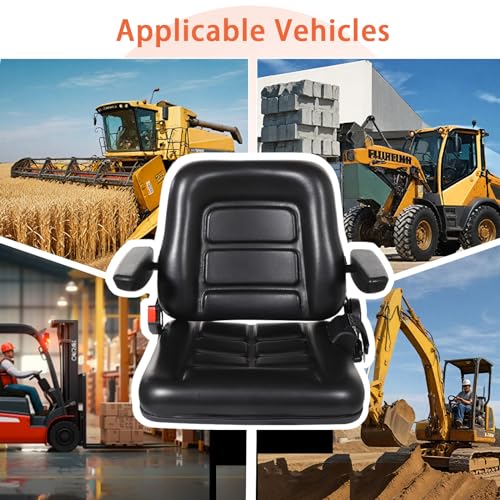 Universal Forklift Seat, Fold Down Tractor Seat with Adjustable Angle Back Armrest, Slot Forklift Seat for Tractor Excavator Skid Loader Backhoe Dozer Telehandler