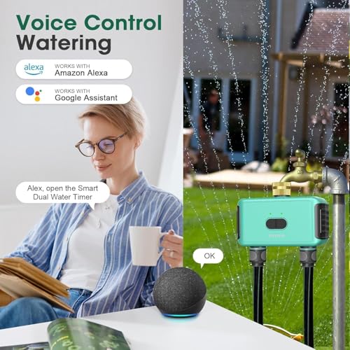Smart WiFi Sprinkler Timer with Gateway, 2 Water Outlet Garden Hose Timer | App Remote Control, Brass Inlet Water Timer, Automate Water & Sprinkler Schedules for Garden/Lawn/Yard - color: Green, size: 2 Outlets - T