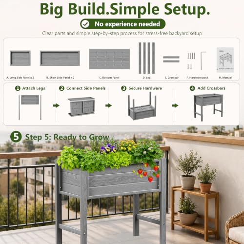 YEFU 34" Small Garden Planter, Wood-Look HIPS Compact Planter Box, Grey - color: Gray, size: 34"×18"×30"