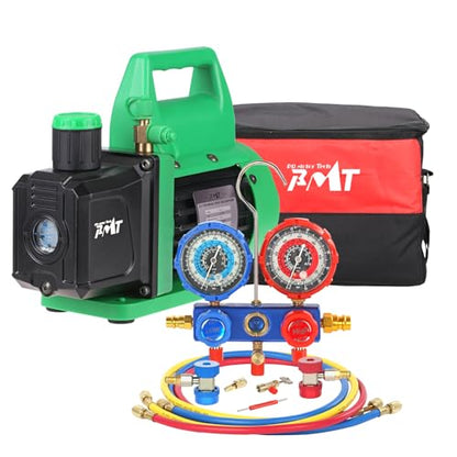 PB Motor Tech 4.5CFM Vacuum Pump, 3-Way AC Manifold Gauge Set with Bag