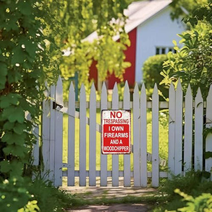 No Trespassing I Own Firearms And A Woodchipper Decorative Aluminum Metal Sign, 8X12 Inch, For Private Property, Farm, Outdoor Yard, Home Owners