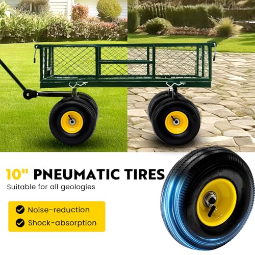 Steel Garden Cart, 2-in-1 Heavy Duty Utility Wagon 900 LBS Capacity Carts with Removable Mesh Sides to Convert into Flatbed, 240° U-Turn 10" Pneumatic Tires Garden Wagon for Lawn Camping Farm Yard - color: Green