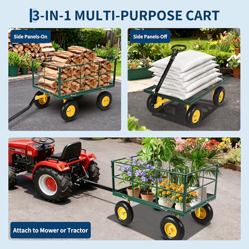 1500 lbs Heavy Duty Steel Garden Cart, 3-in-1 Utility Wagon for Lawn Gardening Farm, Removable Mesh Sides Flatbed with 13" All-Terrain Tires, 180° Rotating Handle, Dark Green Frame - color: Green, size: 1500 Lbs