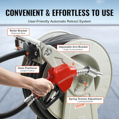 VEVOR Fuel Hose Reel, 3/4 inch x 66 ft Retractable, Spring Driven Auto Swivel Rewind, 300 PSI, Heavy-Duty Carbon Steel Construction with Industrial Grade Rubber Hose, for Diesel Fuel, Kerosene - color: 3/4" 60 Ft