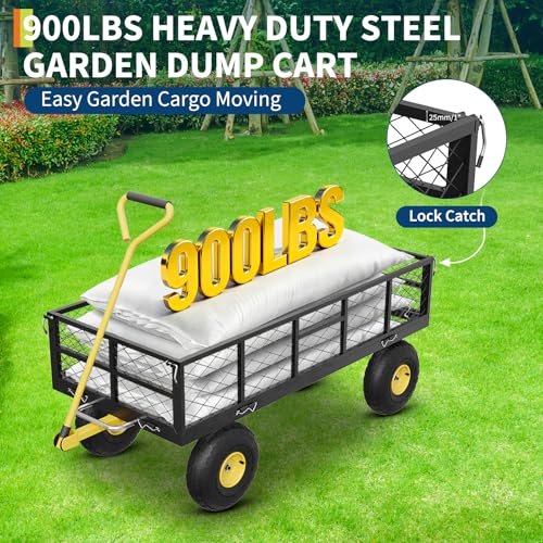900 lbs Steel Garden Dump Cart with 10" Pneumatic Tires, Heavy Duty Yard Cart with 180°Rotating Handle & Removable Mesh Sides, Utility Dump Wagon for Lawn Farm Backyard, Black & Yellow - color: Black