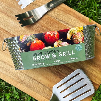 Buzzy Seeds Grow & Grill Herb Kit, Metal Windowsill Planter, Rosemary Sage - color: Silver