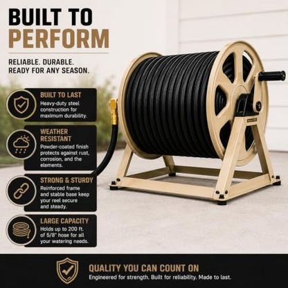 Dual Floor and Wall Mounted Garden Hose Reel, Holds 200ft of Water Hose, Heavy Duty Metal Hose Reel, Space Saving Hose Reel Organizer for Yard, Garage & Shed - color: Tan