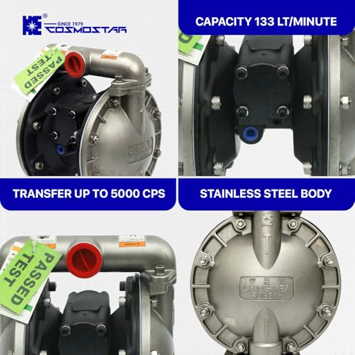 COSMOSTAR D0306 1" Stainless Steel Double Air Diaphragm Pump, Aluminum Body, Teflon Ball, seat and Diaphragm, Pump Muffler, Pump, Chemical Pump, Waste Oil Pump, Pneumatic Oil Pump, Diaphragm Pumps - size: D0306 1" Stainless Steel
