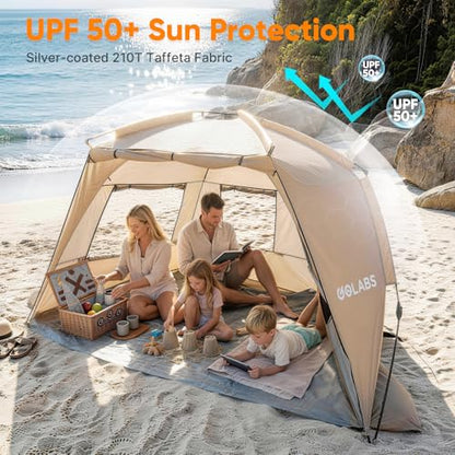 Golabs BT1 Pop up Beach Tent for 3 Person, 1-Min Setup by Pre-Attached Pole - color: CAMEL