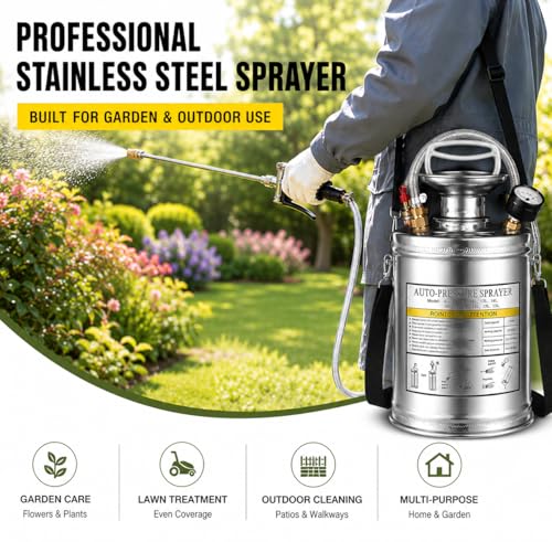 1Gal Stainless Steel Pump Up Sprayer Reinforced Hose, Hand Pump Sprayer with Pressure Gauge&Safety Valve, Adjustable Nozzle Suitable for Gardening (1 Gallon) - style: 1 Gal