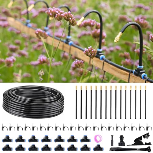 360° Automatic Drip Irrigation Kit - 5/16'' Tubing, Adjustable Universal Spray Nozzle, Copper Atomizing System for Garden/Lawn/Greenhouse - Multi-Directional Rotation, Quick Connectors, 49FT - size: 49FT
