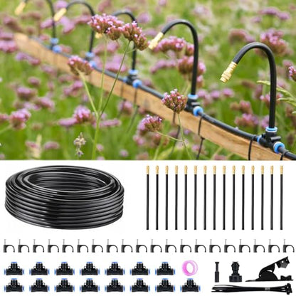 360° Automatic Drip Irrigation Kit - 5/16'' Tubing, Adjustable Universal Spray Nozzle, Copper Atomizing System for Garden/Lawn/Greenhouse - Multi-Directional Rotation, Quick Connectors, 49FT - size: 49FT