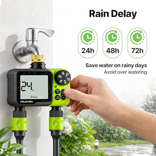 Sprinkler Timer- Hose Timer for Garden Hose, Programmable Watering Timer with Rain Delay, Outdoor Automatic & Manual Drip Irrigation Controller System for Lawn Yard Greenhouse, 2 Outlets - color: Light Green-brass