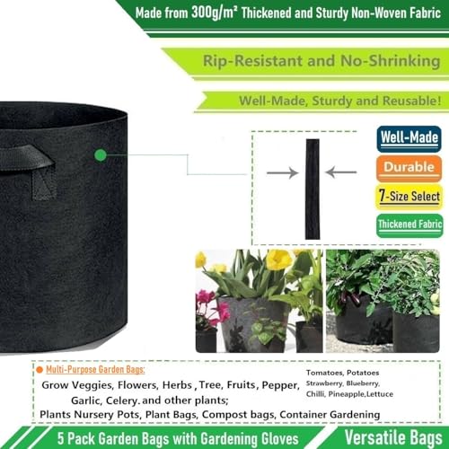 5-Pack 7 Gallon Thickened Plant Grow Bags (14x12 in) Fabric Plant Pots for Tomato,Potato Planter Bags,Herbs Veggies Planters,Flower Pot,Garden Pot,Barrel Planter,Plant Container with Gardening Gloves - size: 7 Gallon (14x12 inches)