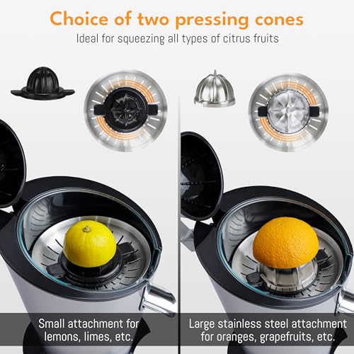 LEBENLANG Stainless Steel Electric Orange Juicer 200W I Incl. Stainless Steel Cone & BPA-Free | 24oz Electric Juicer Citrus Press Fruit Press I High Juice Yield for Oranges & Lemons - color: Silver