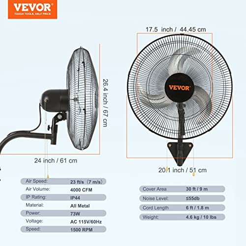 VEVOR Wall Mount Fan, 18 inch, 3-Speed, 4000 CFM Oscillating Fan, Black - size: 18 Inch, style: Oscillating