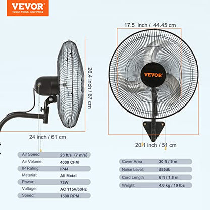 VEVOR Wall Mount Fan, 18 inch, 3-Speed, 4000 CFM Oscillating Fan, Black - size: 18 Inch, style: Oscillating