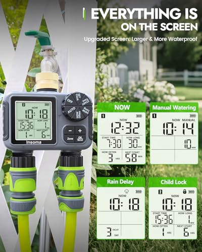 Insoma 2-Zone Sprinkler Timer with Brass Inlet, Water Hose Timer with Auto/Manual Modes + Rain Delay, Big LCD Display, for Garden, Yard Lawn, IPX5 Waterproof & Save Water - size: 2 Zone-V2.0
