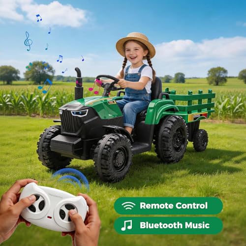24V Kids Ride-On Tractor with Trailer, 400W Electric Farm Truck with Remote & Pedal Control, Headlights, USB MP3, Power Display, Adjustable Speeds, Safety Belt, Ride-On Toy Gift, Green - color: Green