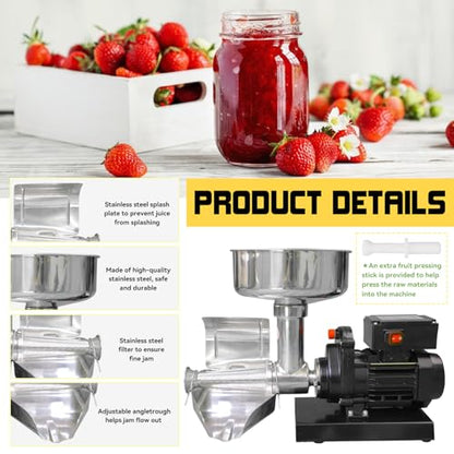 SQUEEZE master Electric Stainless Steel Jam Maker – Commercial Food Strainer & Sauce Maker with Adjustable Trough, Quiet Operation – Soft Fruit Processing Machine for Home & Restaurant Use
