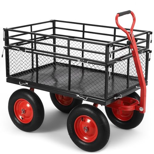 1400 LBS Steel Garden Yard Cart, Heavy-Duty Metal Garden Wagon Convertible 2-in-1 Handle and Removable Sides to Convert into Flatbed Lawn and Utility Wagons Cart