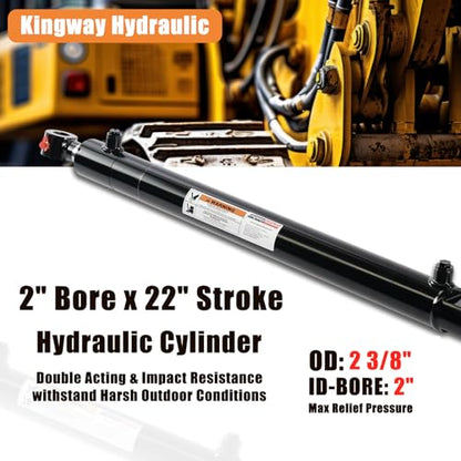 KINGWAY Double Acting Hydraulic Cylinder 2"Borex22"Stroke, 3000 PSI SAE#6 - size: 2“x22"
