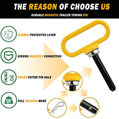 2 Packs Magnetic Hitch Pin, Lawn Mower Trailer Hitch Pins 1/2 Inch with Handle and Clip, Trailer Gate Pin for Mowers, Tractor Truck, Towing Cargo, ATV - Simple One Handed Hook On & Off（Yellow - color: YELLOW-2pc