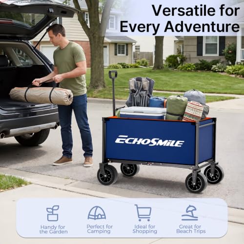 EchoSmile Collapsible Wagon Cart, Heavy Duty 400lbs Capacity, Blue - color: Blue&orange