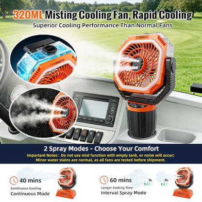 Roykaw 48Hrs Golf Cart Misting Fan, 2-in-1 Large Golf Cart Fan & Camping Fan w/ 2 Spray Modes/4 Powerful Speeds/3 Ultra-Bright LED Lights/Oscillation, with Detachable Base & Cup Holder for Golf Cart