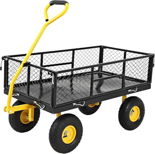 900 Lbs Heavy Duty Steel Garden Cart, Garden Wagon Cart on Wheels, Outdoor Metal Yard Utility Wagon Carts with and Mesh Removable Sides(Convert to Flatbed) and 180°Rotating Handle - color: Black, size: 43.5"D x 20.5"W x 21"H