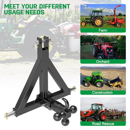 3 Point Trailer Hitch 2" Receiver Trailer Ball Hitch&Towing Hook for Cat.1 - color: Black