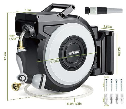 Tuyeho Heavy-Duty Automatic Retractable Garden Hose Reel 90FT Wall Mount - size: 1/2" 90FT