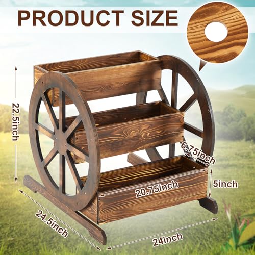 Beeveer 3 Tier Wooden Wagon Planter Box 24" x 24.5" x 22.5" Garden Planter for Outside Wood Planter Box with Drainage Holes Decorative Planters for Patio Garden Balcony Vegetables Flowers Herbs - style: Classic Brown