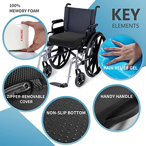 YOUFI Thick Memory Foam & Gel Seat Cushion, 18"X16"X4" Large Chair Cushion for Wheelchair Mobility Scooters, with Non-Slip Bottom and Carry Handle (Black) - color: Black