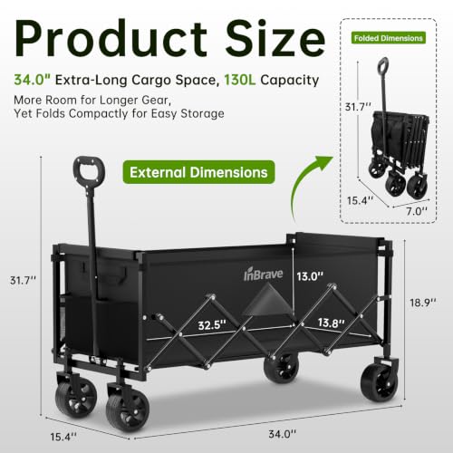 34" Extra Long Collapsible Wagon Cart, 360LBS Capacity, Black - color: Ebony