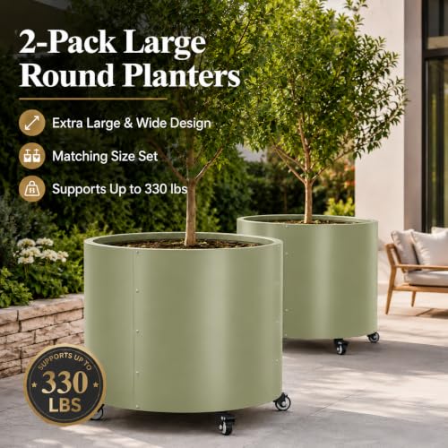2 Pack Rolling Planter for Tree,30 Gallon Large Metal Tree Pots for Outdoor - color: Green