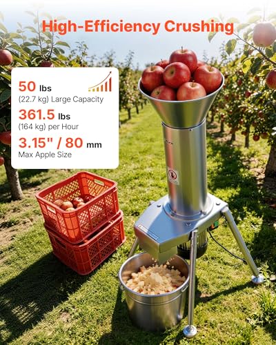 VEVOR 1100W Electric Fruit Apple Crusher, SUS304 Freestanding Crushing Machine, Grinds Whole Apples Up to 3.15" Dia, 164 KG/H Capacity, Cider Press for Apples, Pears, Pineapple, Guava, Carrot, Potato - size: 1100W