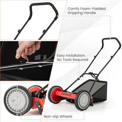 IRONMAX 16 Inch 5-Blade Push Reel Mower, Removable Grass Catcher, Red - color: Red, size: 16 Inch