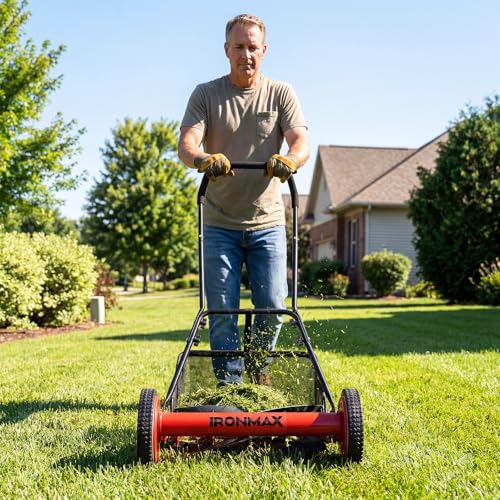 IRONMAX 18 Inch 5-Blade Push Reel Mower, Removable Grass Catcher, Red - color: Red, size: 18 Inch