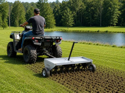 Yard Commander - 48-Inch Tow Behind Plug Aerator for Lawn Tractor & ATV, 32 Core Plug Tines, 2.5” Soil Penetration, Heavy Duty Steel Aerator, Weight Tray & 10” Pneumatic Tires for Lawn & Garden Care