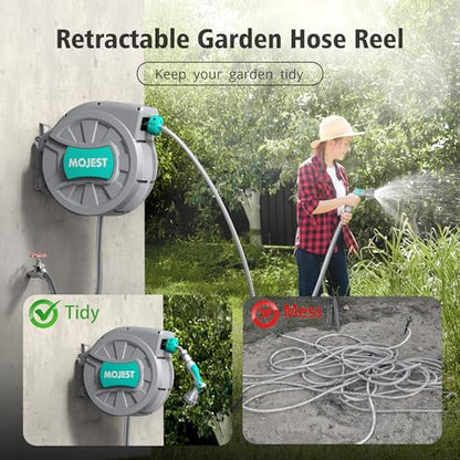 Mojest Retractable Garden Hose Reel - 1/2 in x 100 ft Wall Mounted Heavy Duty Water Hose Reel with Automatic Slow Rewind System, 2 Hose Nozzle, 180°Swivel Bracket, Dark Gray - color: Dark Gray, size: 100FT