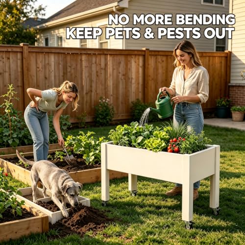 Elevated Raised Garden Bed with Wheels，74" Planter Outdoor Plants,White - color: White, size: 26.3"h