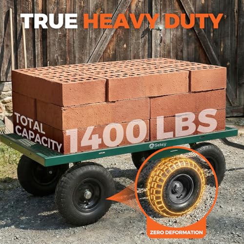 Sekey 1400lbs Heavy Duty Steel Garden Cart for Farm & Construction, 7.7 Cu.Ft. Extra-Large Utility Wagon with Removable Sides, 2-in-1 Towable Handle, 13" Rubber Tires, Green - color: Green, size: 1400LBS
