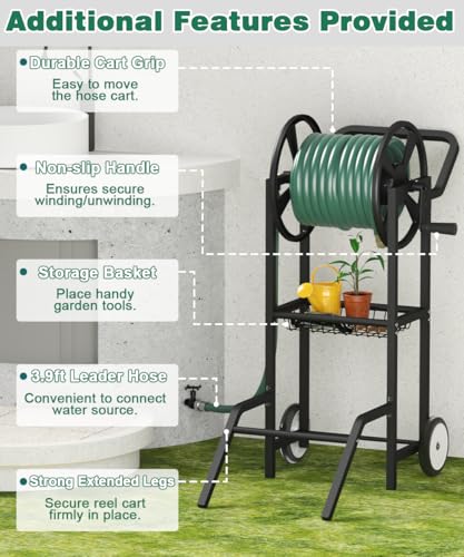 Artigarden Hose Reel Cart with 2 Wheels, Garden Water Hose Holder Heavy Duty Powder Coated Steel Outdoor Winder Storage Holds 125 ft 5/8" Hoses with Basket and 3.9ft Leader Hose for Backyard, Black - color: Black