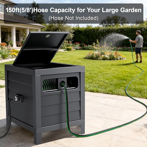 Metal Garden Hose Reel Box, Heavy Duty 150Ft 5/8" Large Capacity Hose Storage Deck Box with Hose Guide, 6Ft Leader Hose, Leak-Proof Aluminum Water Connection, Manual Crank Handle (Dark Brown) - color: Dark Brown
