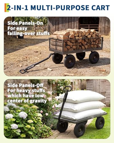 1000 Lbs Steel Garden Cart, Utility Wagon with Removable Mesh Sides-Gray - color: Gray