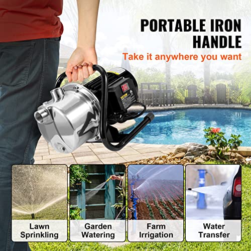 VEVOR Shallow Well Pump, 1.1 HP 115V, 978 GPH 131 ft Height, 40psi Max Pressure, Portable Stainless Steel Sprinkler Booster Jet Pumps for Garden Lawn Irrigation system, Lake Fountain, Water Transfer - style: 1.1 HP with Handle