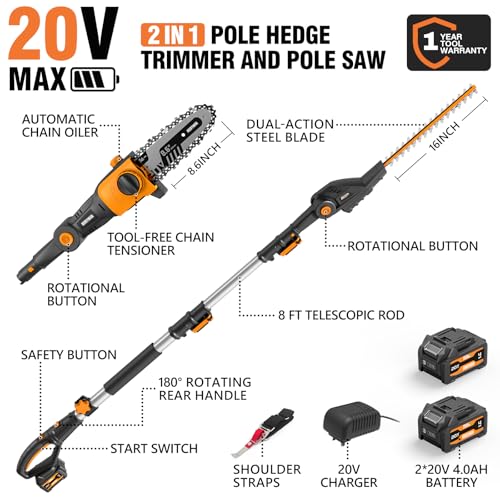 Alloyman 2-in-1 Telescopic Cordless Pole Hedge Trimmer 16'' &Pole Saw 8.6'' - color: BLACK